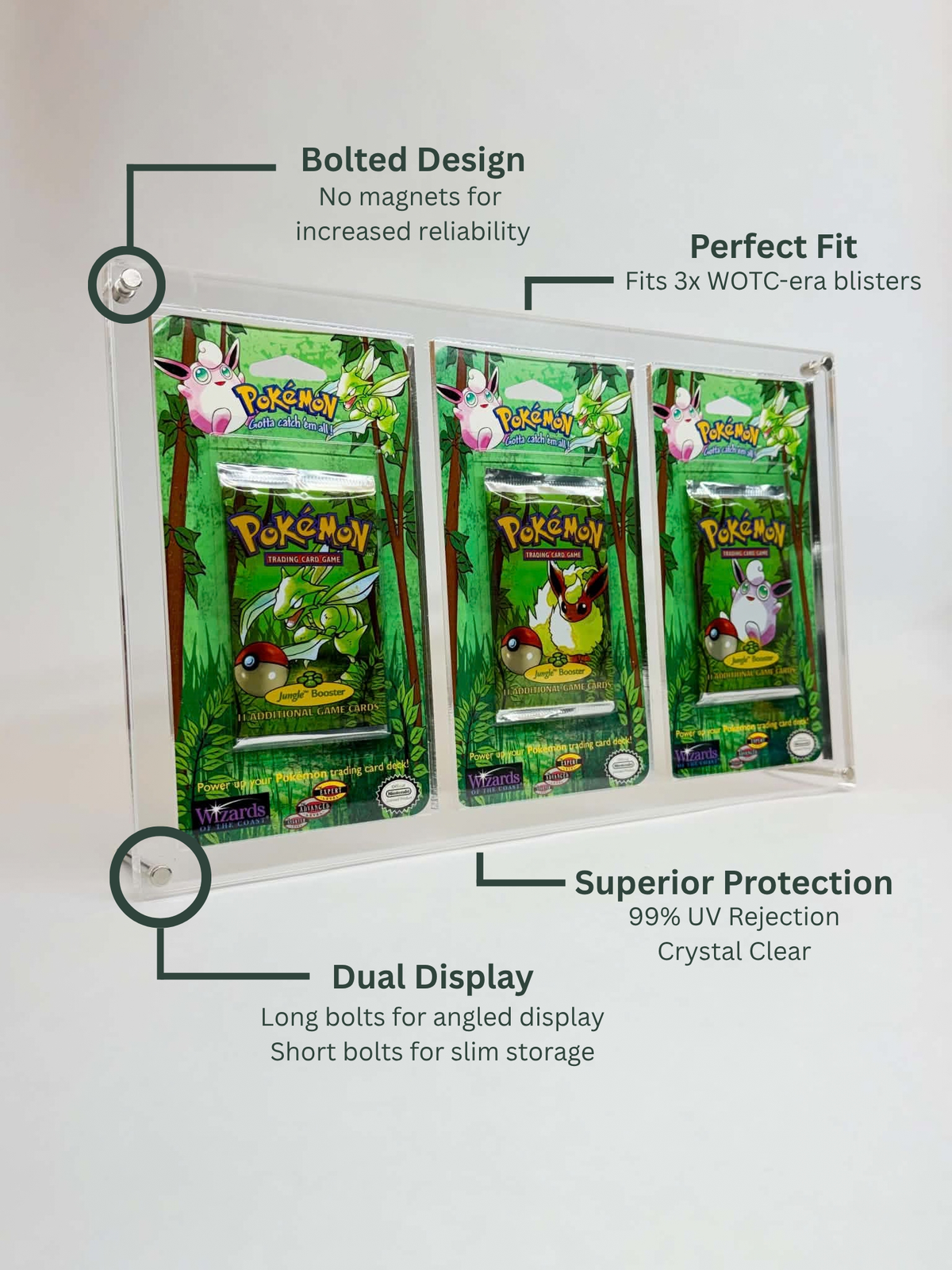 Pokémon WOTC Blister Art Set Acrylic Display Case | Fits 3x WOTC Era Blisters | Bolt-Secured | 1st Edition | 99% UV
