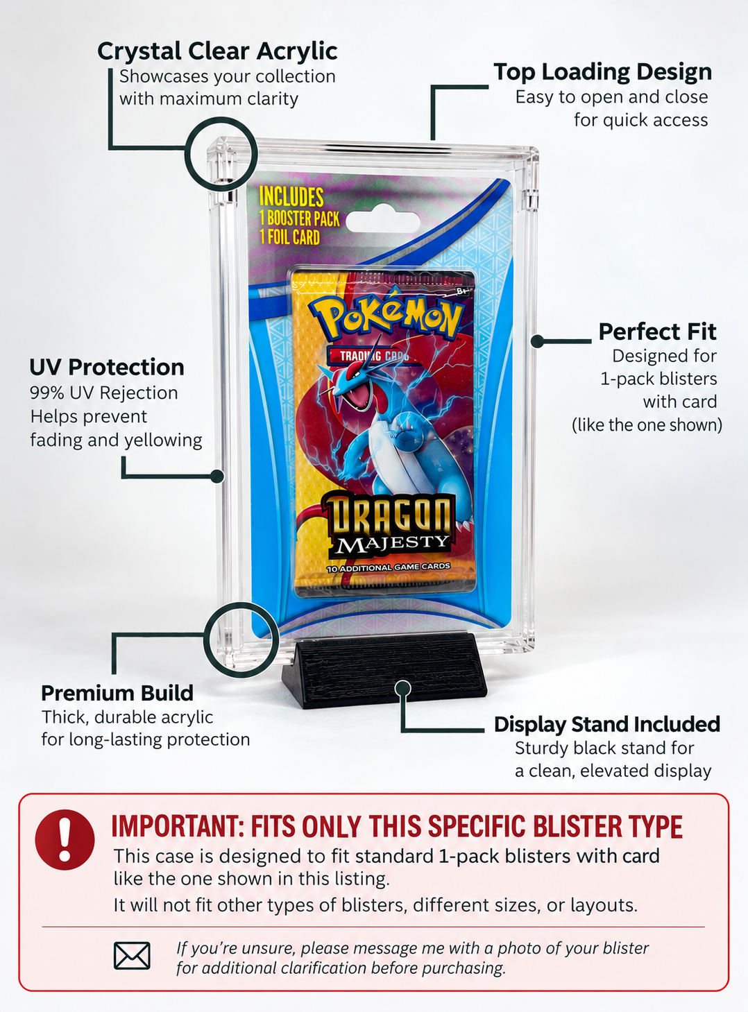 Acrylic Display Case FOR Pokémon 3rd Party Blister | 1 Pack + 1 Promo | Evolving Skies Unbroken Bonds Dragon Majesty | Stand Included