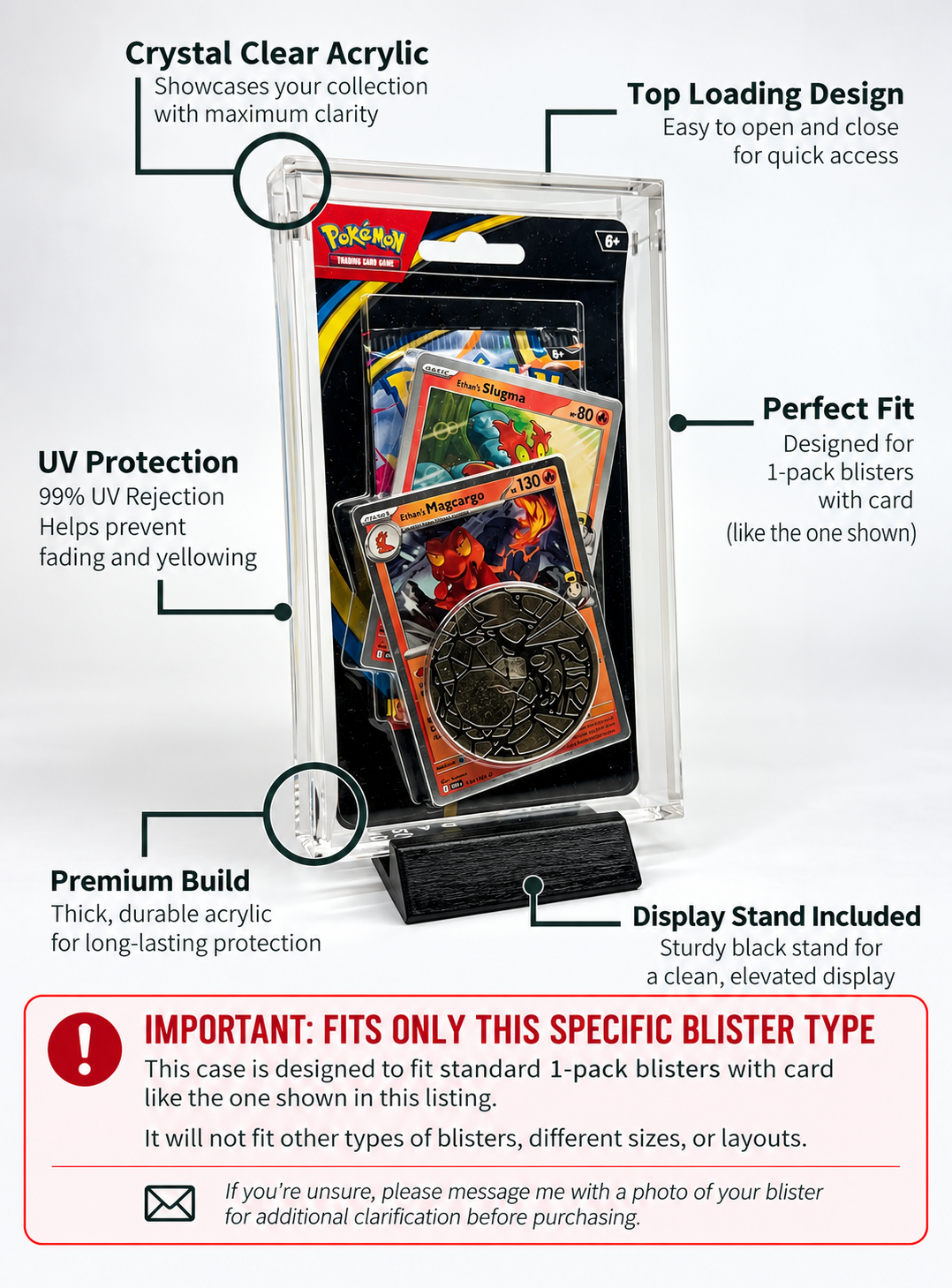 Acrylic Display Case FOR Pokémon Mega Evolution Blister | Thick Single & Double Pack | Phantasmal Flames Perfect Order | Stand Included