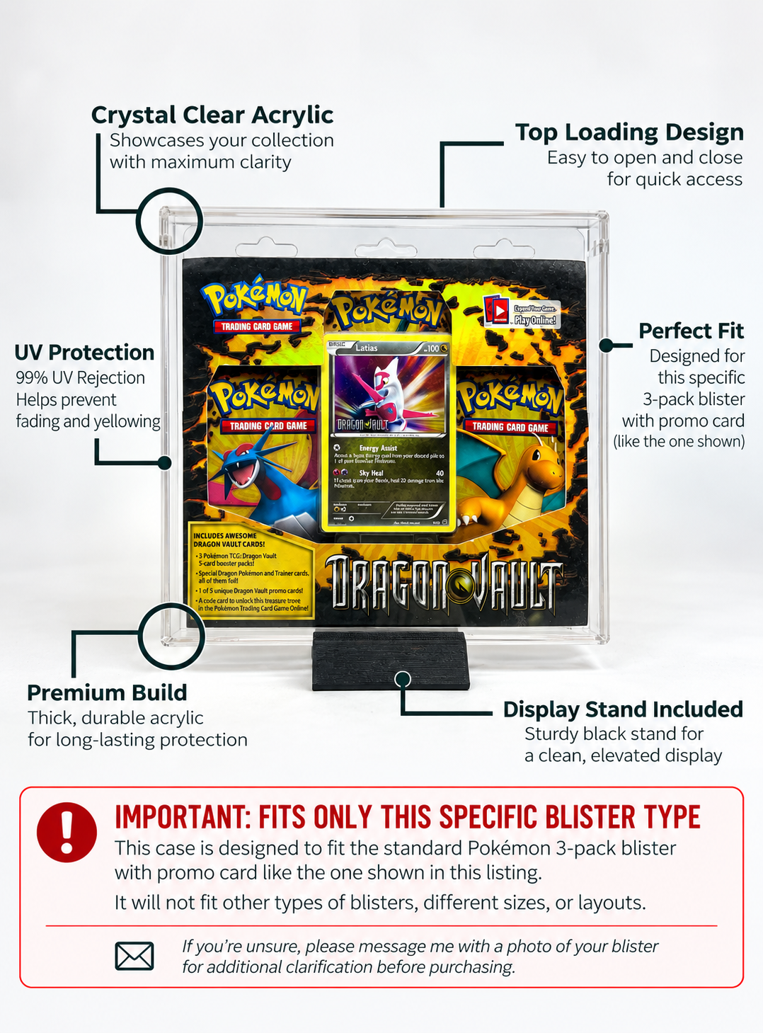 Acrylic Display Case FOR Pokémon Sleeved 3-Pack Blister | Black & White XY Era | Dragons Exalted | U-Shape Lid | Stand Included