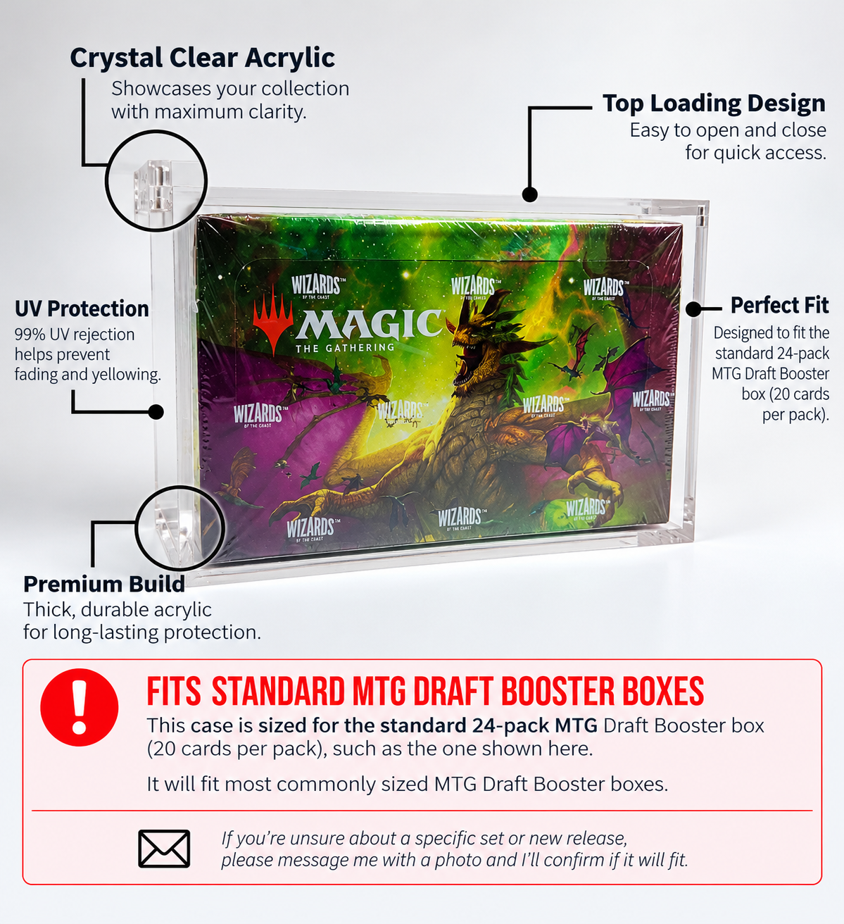 Acrylic Display Case FOR MTG Draft Booster Box | 24 Pack Magic The Gathering Draft Booster | Commander Masters | 4-Magnet Lid | UV