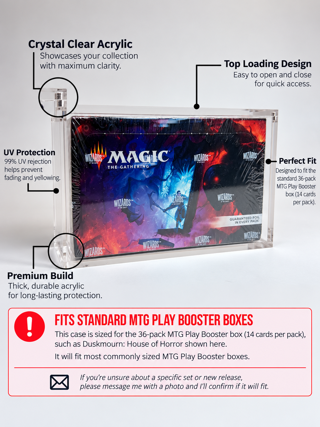 Acrylic Display Case FOR MTG Play Booster Box | Magic The Gathering 36 Pack Play Booster Display | Duskmourn | 4-Magnet Lid | UV