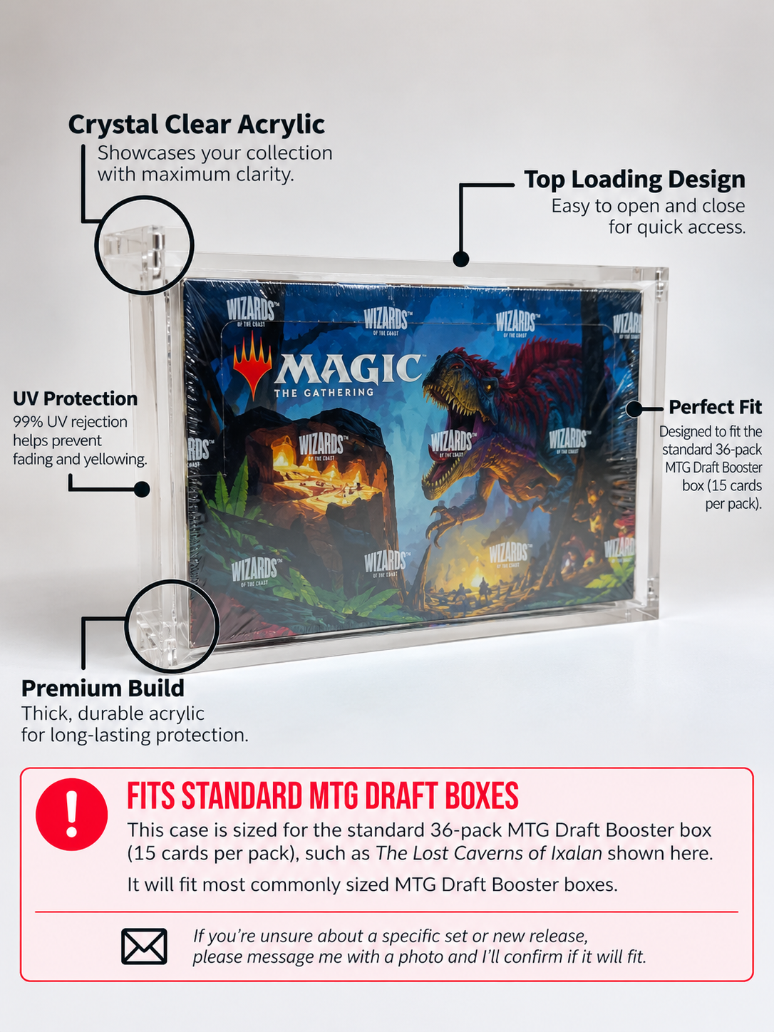 Acrylic Display Case FOR MTG Draft Booster Box | 36 Pack Magic The Gathering Draft Booster | Ixalan | 4-Magnet Lid | UV Protective