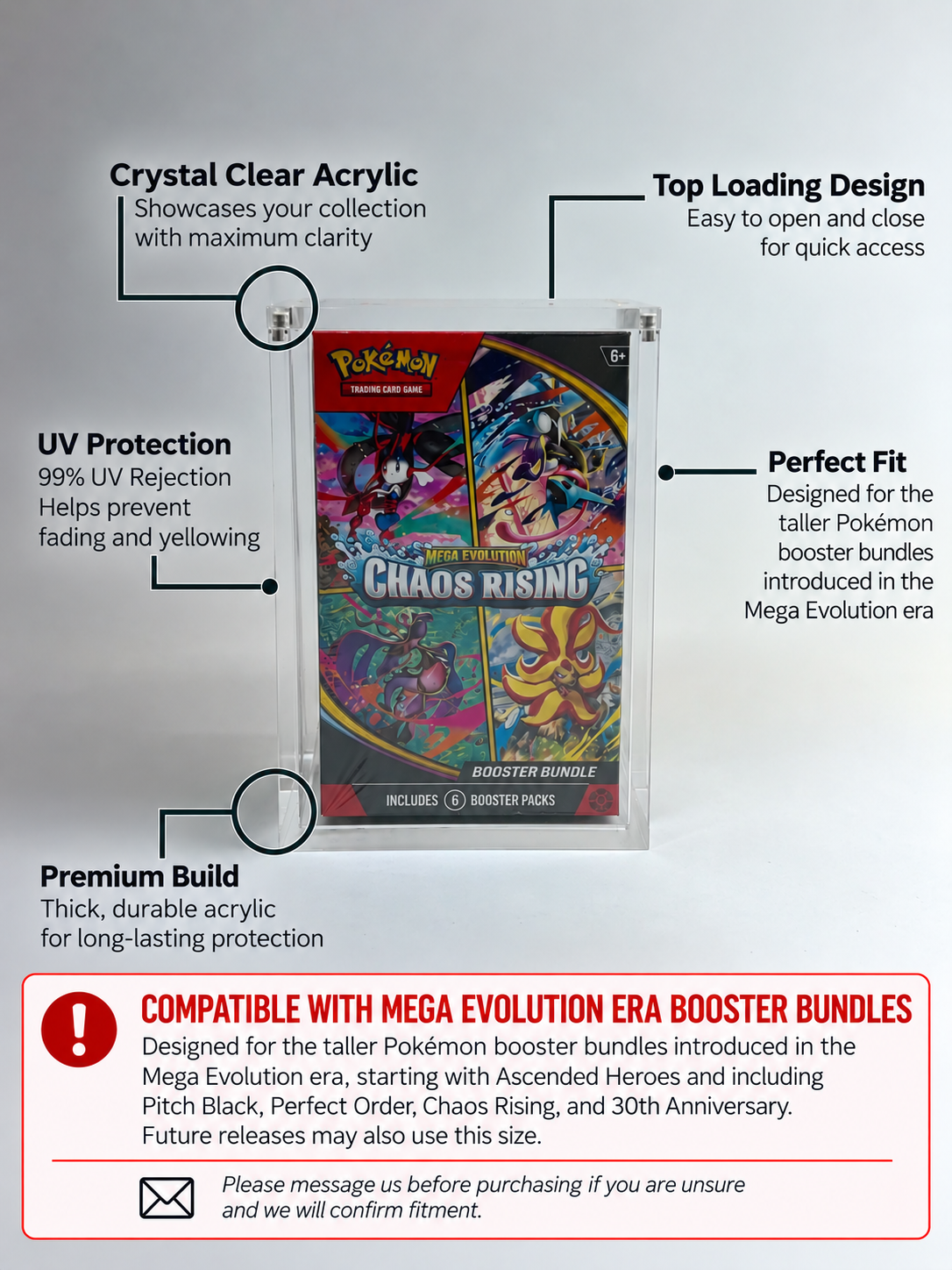 Acrylic Display Case FOR Pokémon Mega Evolution Booster Bundle | Tall Size | Ascended Heroes Perfect Order Chaos Rising | 6-Magnet Lid