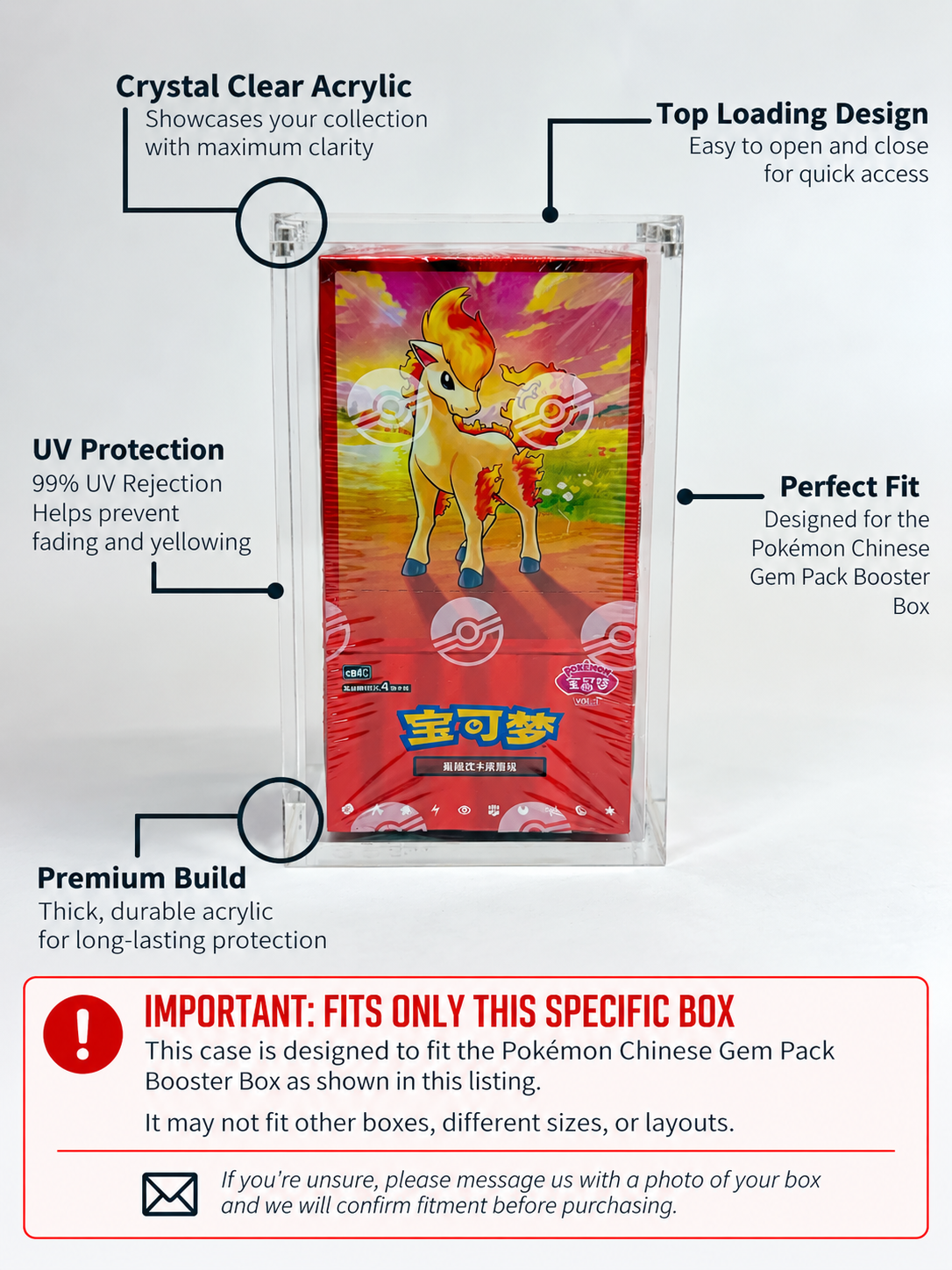 Acrylic Display Case FOR Pokémon Chinese Gem Pack Booster Box | Simplified Chinese CBB | 6-Magnet Lid | UV Protective Sealed Collector