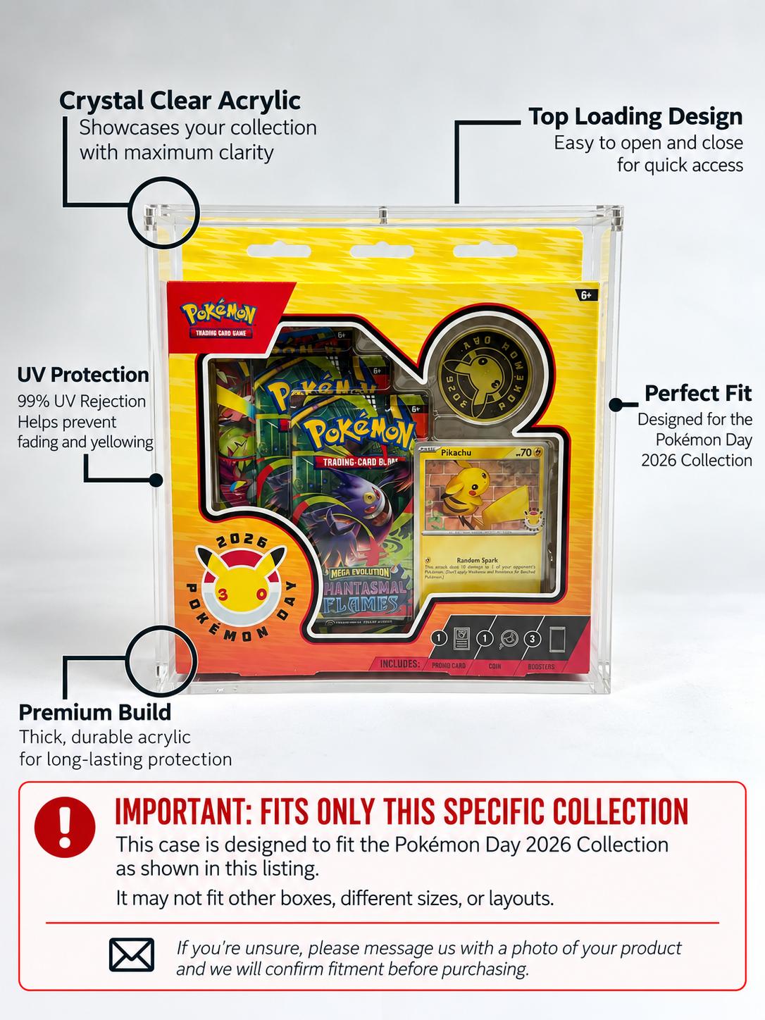 Acrylic Display Case FOR Pokémon Day 2026 Collection | 30th Anniversary Pikachu | 6-Magnet Lid | UV Protective Sealed Collector
