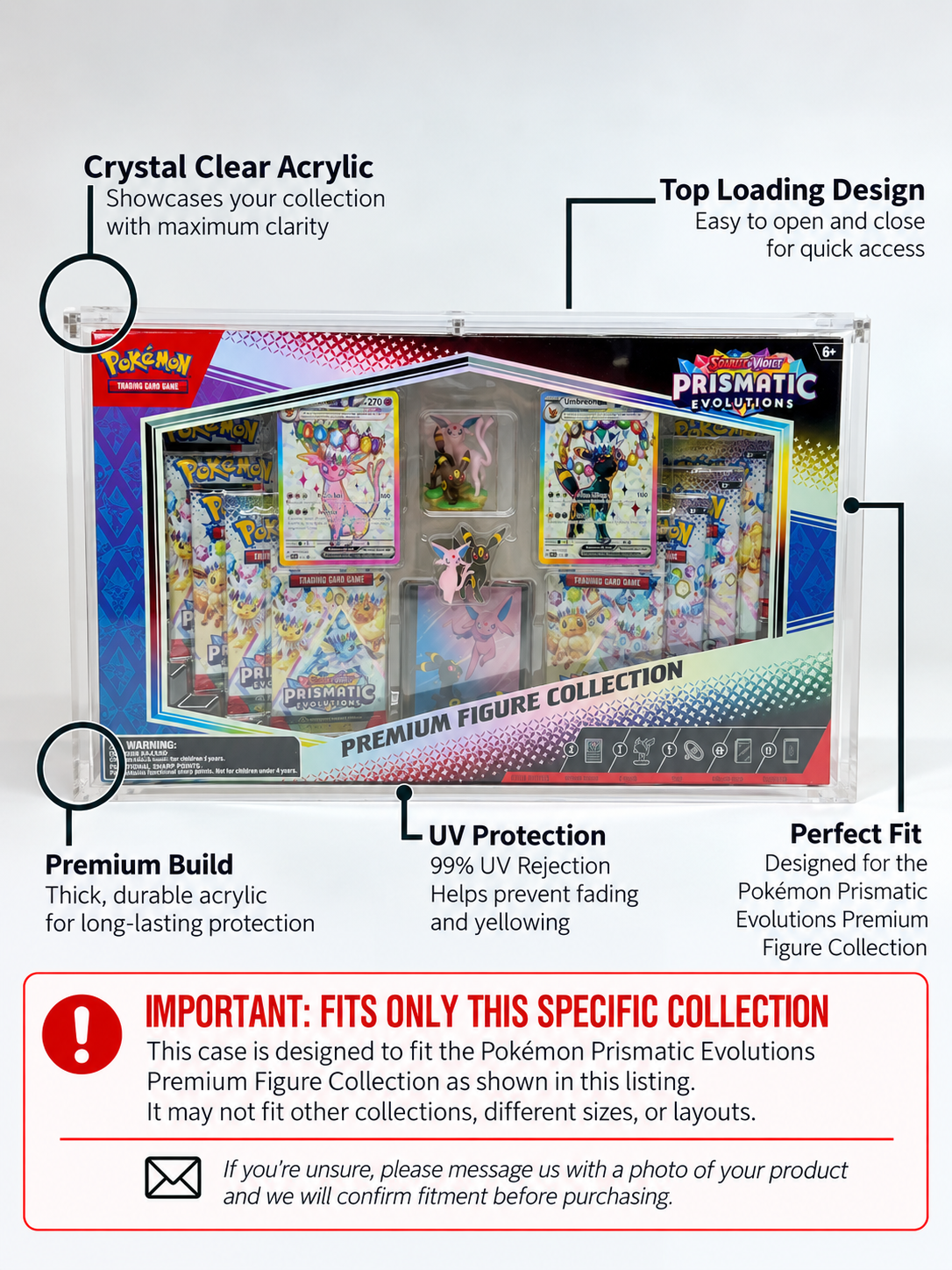Acrylic Display Case FOR Pokémon Prismatic Evolutions Premium Figure Collection | Espeon Umbreon | 6-Magnet Lid | Sealed Protector