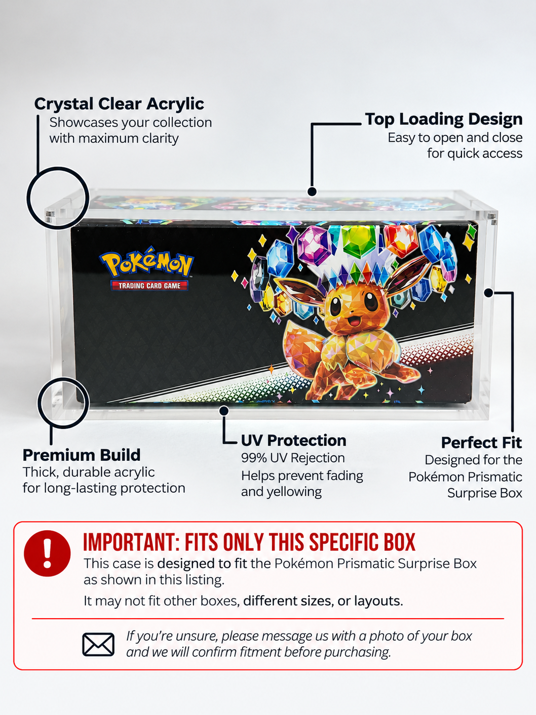 Acrylic Display Case FOR Pokémon Prismatic Evolutions Surprise Box | Eevee Eeveelutions | 6-Magnet Lid | Sealed Collector Protector