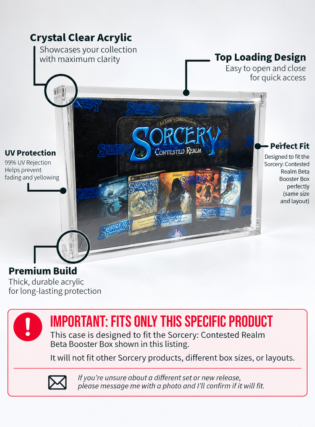 Acrylic Display Case FOR Sorcery Contested Realm Booster Box | Fits Alpha & Beta | 4-Magnet Lid | UV Protective Sealed Collector