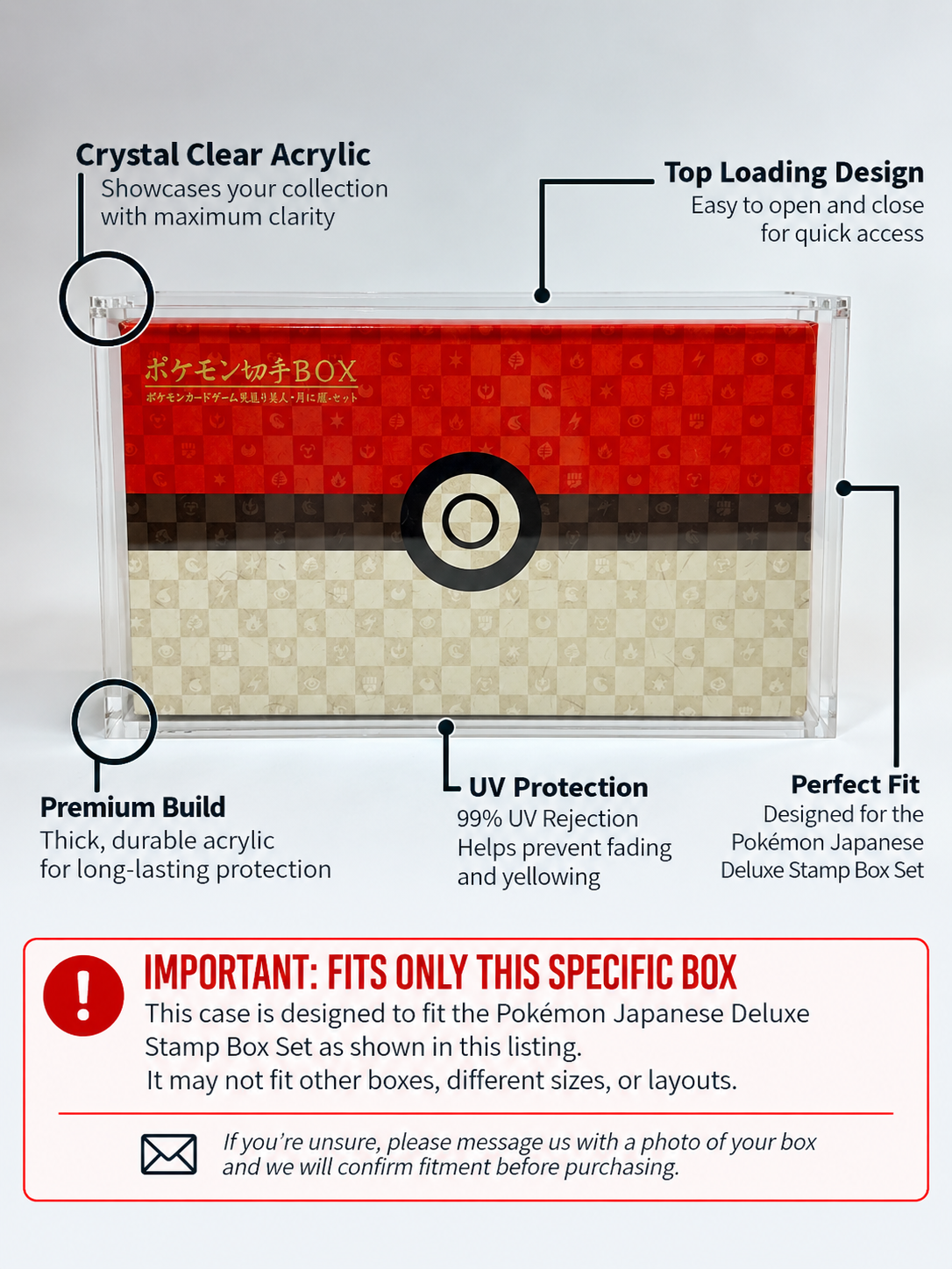 Acrylic Display Case FOR Japanese Pokémon Stamp Box | Japan Post Deluxe Stamp Box Set | Beauty Looking Back Pikachu | 6-Magnet Lid